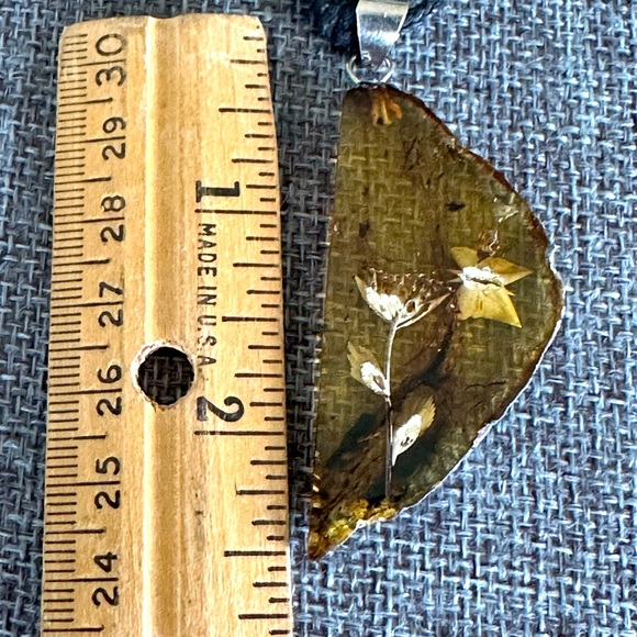 Amber Carved Flower Butterfly Blue Florescence Pendant Black Cord Necklace - Picture 4 of 6